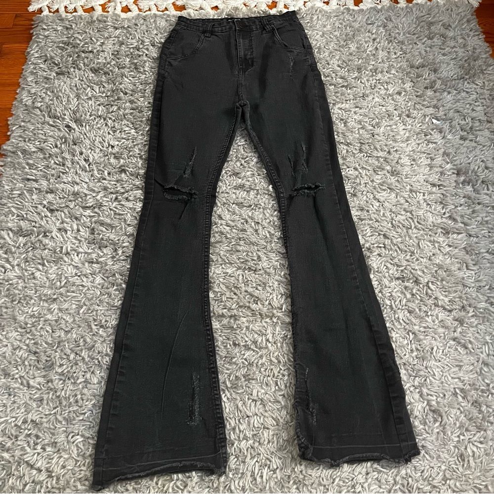 prettylittlething black distressed flare pants size 10